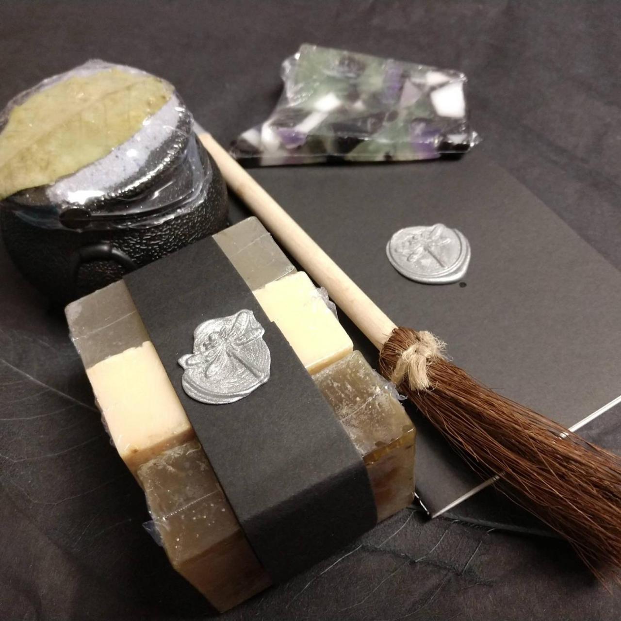 WITCHES BREW gift set with all natural herb infused soaps cauldron bath bomb with gemstone and seashells book and broom pen