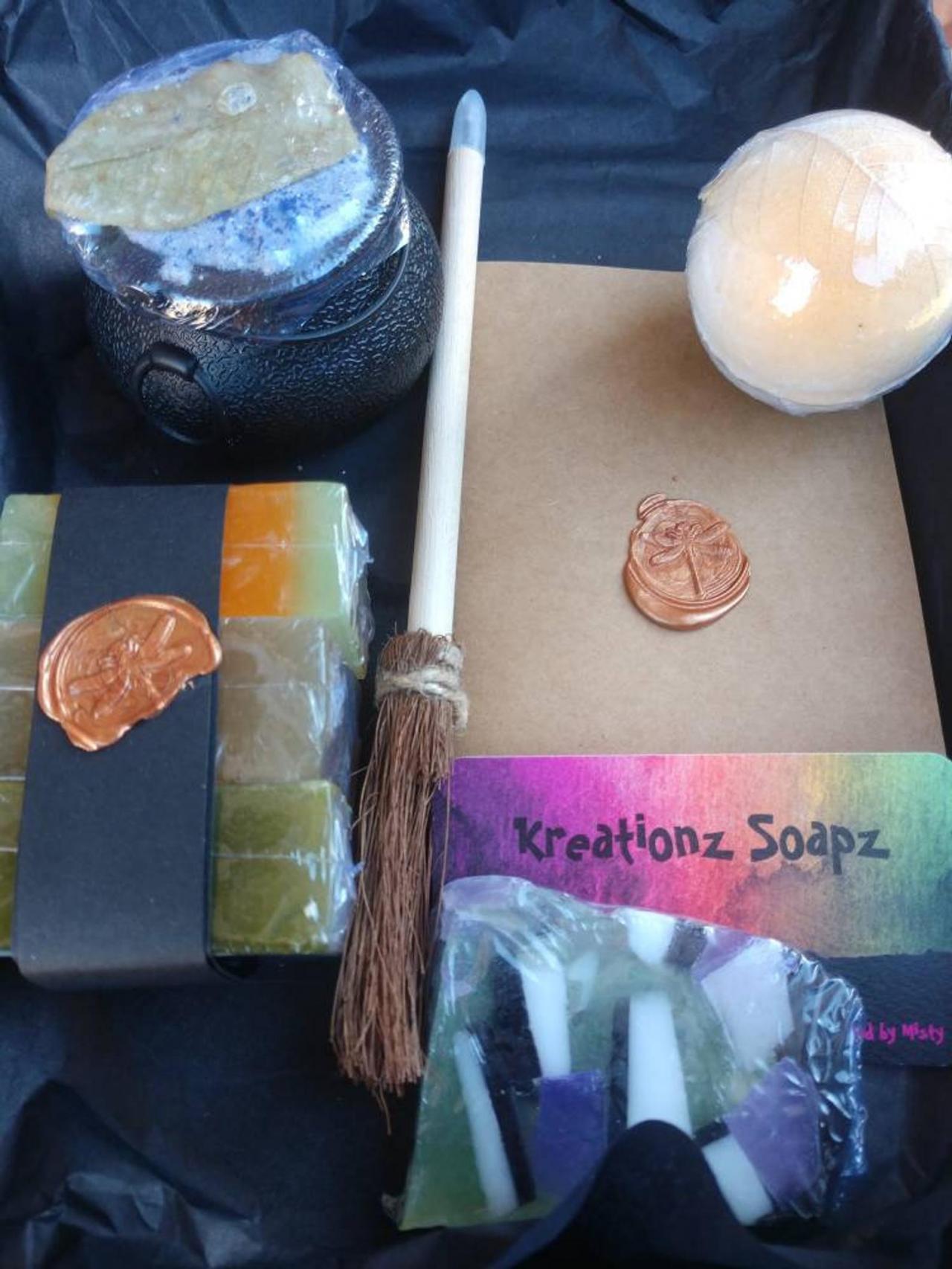 Woodland Witches Brew Gift Set With All Natural Herb Infused Soaps Cauldron Bath Bomb With Gemstone And Seashells Book And Broom Pen