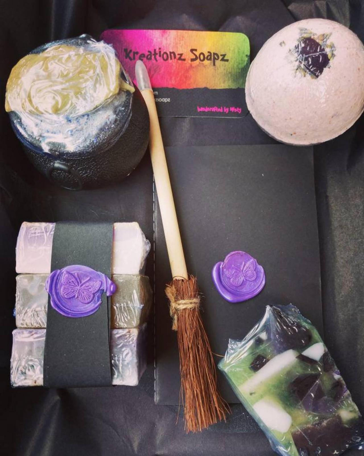 GYPSY WITCHES BREW gift set with all natural herb infused soaps cauldron bath bomb with gemstone and seashells book and broom pen