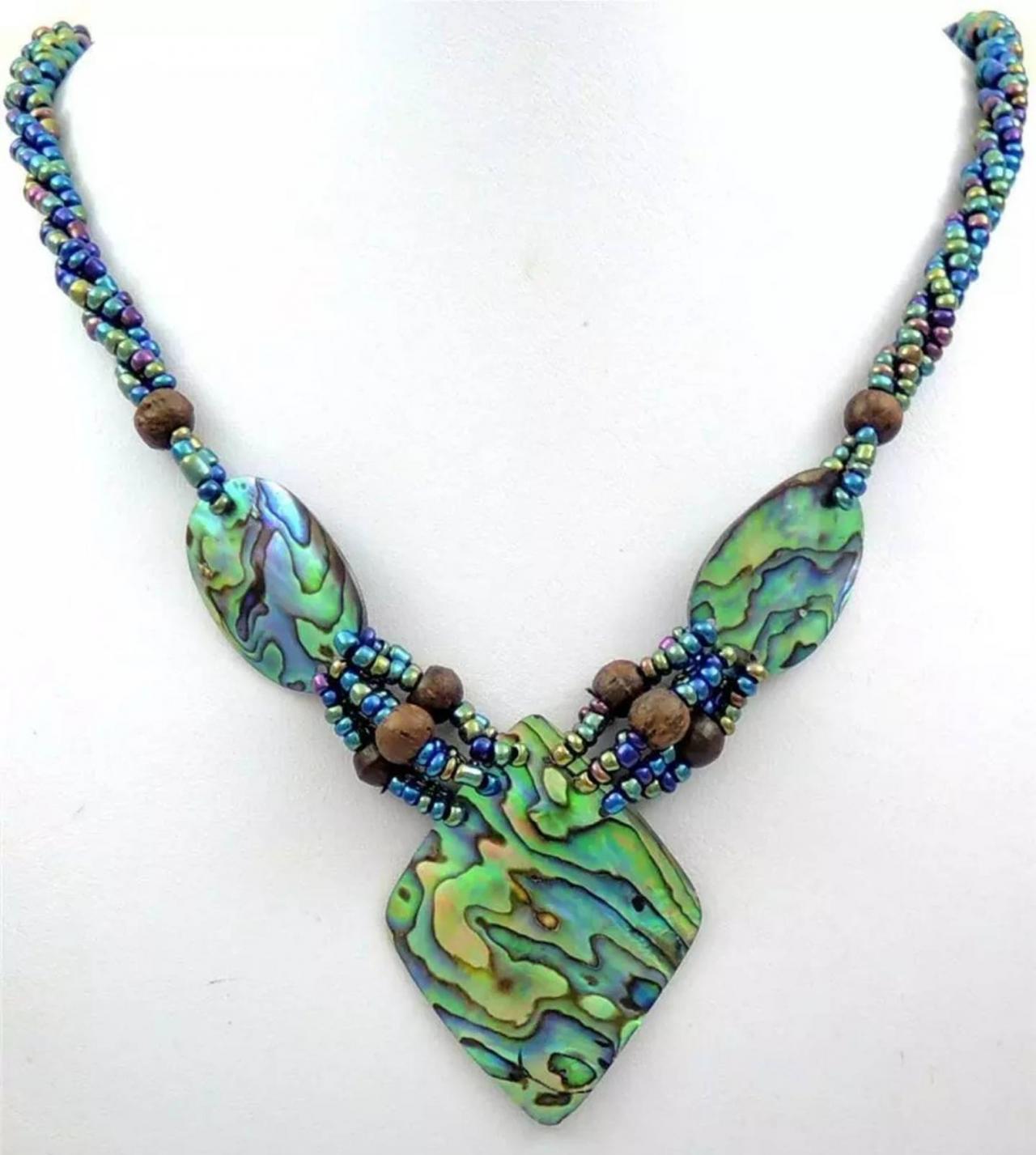 Handcrafted abalone shell pendant with glass beaded necklace