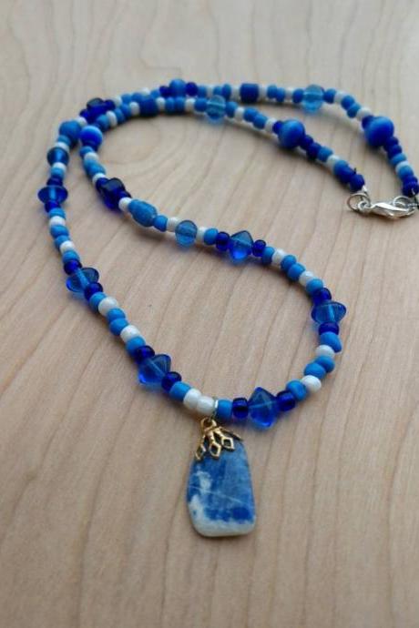 Handcrafted gemstone and glass beaded necklace with pendant