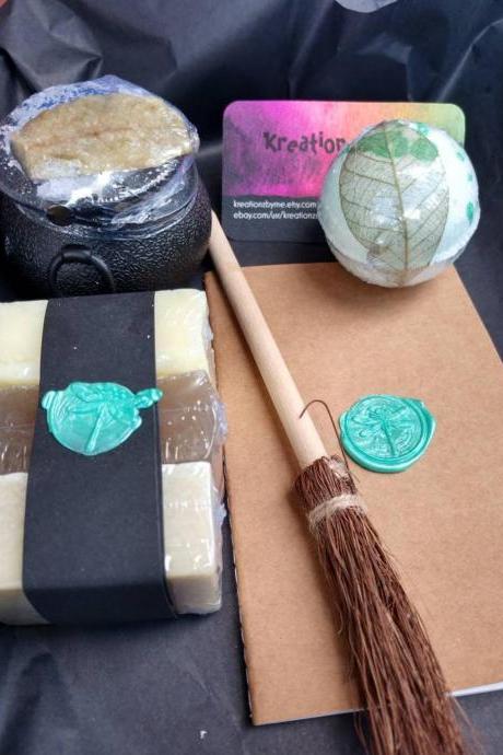 The Green Fairy Witches Brew Gift Set With All Natural Herb Infused Soaps Cauldron Bath Bomb With Gemstone And Seashells Book And Broom Pen
