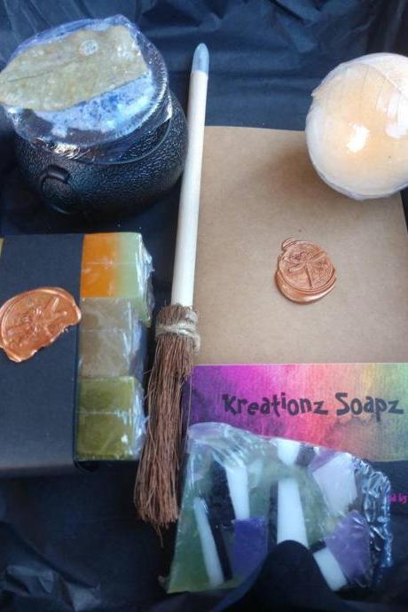 Woodland Witches Brew Gift Set With All Natural Herb Infused Soaps Cauldron Bath Bomb With Gemstone And Seashells Book And Broom Pen