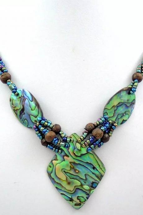 Handcrafted abalone shell pendant with glass beaded necklace